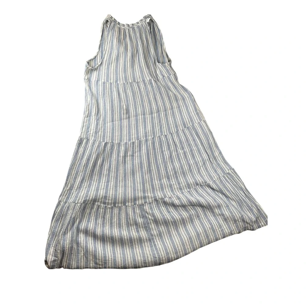 J.Crew Maxi Dress Womens XL Blue White Striped Tiered Cotton Gauze Tassel Tie